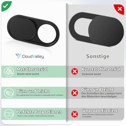 CloudValley Metall Webcam Abdeckung, 0.6mm Ultra-Dünn Metall Slider Kamera Cover Zubehör für Laptop, MacBook Pro*, MacBook Air, iPad Air, Handy, Tablet, Mac, PC - 2Stück
