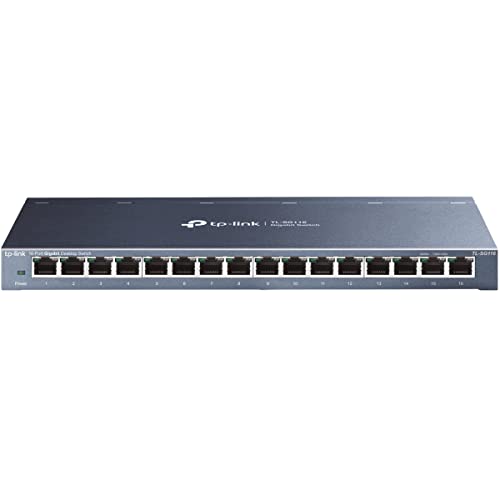 TP-Link TL-SG116 16-Port Gigabit-/Netzwerk Switch (32Gbit/S Switching-Kapazität, geschirmte RJ-45 Ports, Metallgehäuse, IGMP-snooping, Unmanaged, Plug-und-Play, lüfterlos) blau Metallic