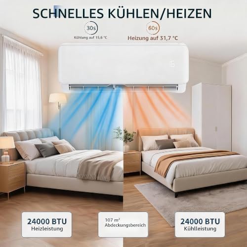 Koioplie Split Klimaanlage 24000 BTU mit WLAN | Inverter-Klimagerät mit App-Steuerung, Heiz- und Kühlfunktion. Für Räume bis 107m² geeignet