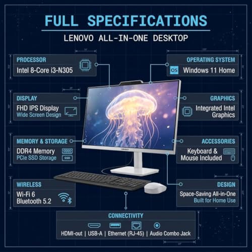 Lenovo 61cm A100 All-in-One Desktop Computer, 8-Core Intel Core i3-N305 CPU | 16 GB RAM, 512 GB SSD, Wi-Fi 6, HDMI, kabelgebundene Tastatur und Maus, Windows 11 Pro
