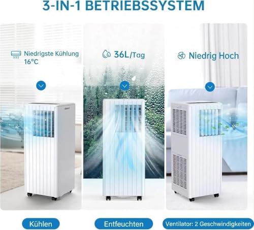 GarveeMore Mobiles Klimagerät 7000 BTU – a++ Energiesparende Klimaanlage Leise (51dB) Für Schlafzimmer & Büro Bis 28m², 3-in-1 Klimagerät Mit Abluftschlauch, Fensterabdichtung, Luftentfeuchter, R290