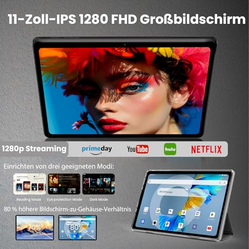 TUOHAITIME Android 16 Tablet, 11Zoll Tablet, 32GB+128GB 1 TB erweiterbar, Produktivitäts-Bundle mit Tastaturhülle, Eingabestift, Octa-Core Prozessor, Dual-Kamera, WiFi, 8000-mAh-Akku (Schwarz)
