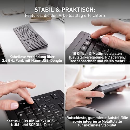 CHERRY STREAM DESKTOP RECHARGE, Tastatur und Maus, Deutsch QWERTZ, Schwarz | Kabellose Verbindung über 2,4 GHz Funk mit USB-Dongle, Leise Tasten, Flaches Design, Symmetrische Mouse, Wiederaufladbar