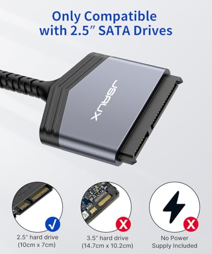 JSAUX SATA auf USB Adapter für 2.5 Zoll SSD und HDD Festplatten | USB 3.0 zu SATA III Festplatten Adapter Nylon Kabel [Unterstützt UASP] Kompatibel mit Windows, MacOS, ChromeOS, Linux-Grau