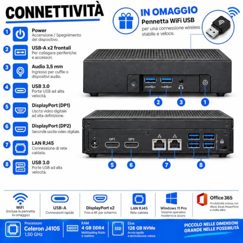 Betashop Mini-PC Nuc Generalüberholt -DS190P-Mini pc-Celeron J4105-1.50GHz-4096Mb-SSD 128GB NVMe Windows 11 Pro und Office 365.