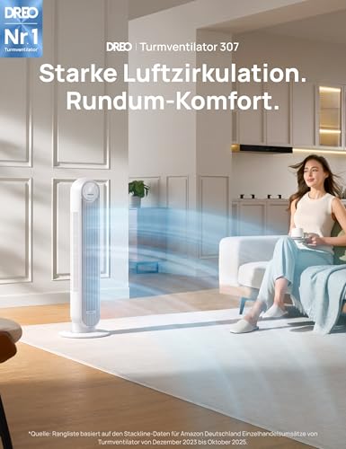 DREO Leiser Turmventilator, 10 m Wurfweite 4 Geschwindigstufen 4 Modi 8 Std. Timer 90° oszillierende Ventilator mit Kühlung Fernbedienung für Schlafzimmer, Nomad One, Weiß
