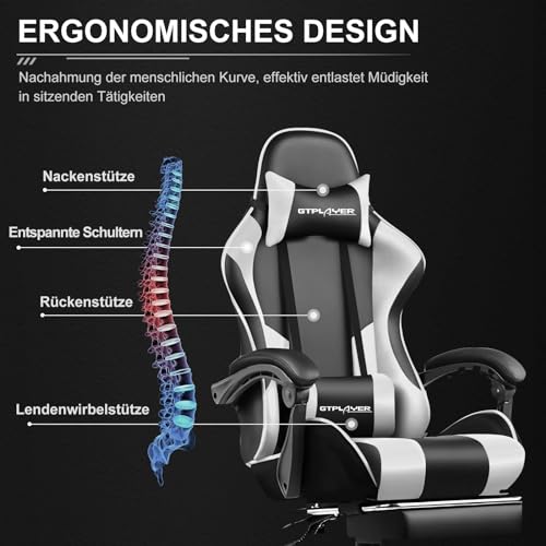 GTPLAYER Bürostuhl Gaming Stuhl Massage Gaming Sessel Ergonomischer Gamer Stuhl mit Fußstütze, Kopfstütze Massage-Lendenkissen, Gepolstert Gaming Chair, Drehsessel Kunstleder-weiß