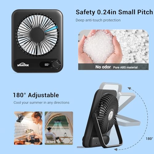 WHATOOK Tischventilator Klein Leise, 5000mAh Akku Ventilator USB C Tragbar | Stufenlos 1-100 Regler, 24H Laufzeit mit Schnellladung, LED-Anzeige,180° Klappbarer Mini Kompaktlüfter für Büro Camping Reise