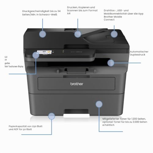 Brother DCP-L2665DW, 3-in-1 S/W-Laserdrucker, Touchscreen, 34 Seiten/Min.