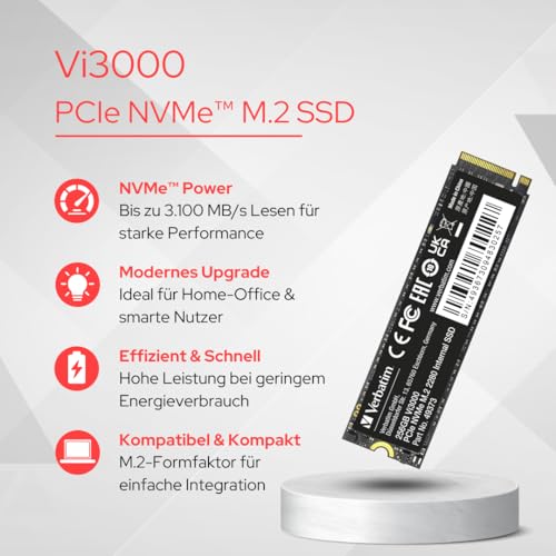 Verbatim Vi3000 NVMe M.2 Internal SSD 256 GB, Internes SSD-Laufwerk, PCIe Gen 3 Schnittstelle, bis zu 3.100 MB/s Lesegeschwindigkeit und 2.200 MB/s Schreibgeschwindigkeit, schwarz