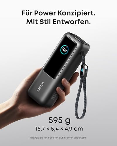 Anker 165W 25000mAh Laptop Powerbank mit 70cm ausziehbarem Kabel | 3 USB-C Ports, mit Trageband, für MacBook Pro, iPhone 17/16/15, Samsung, flugzeugtauglich