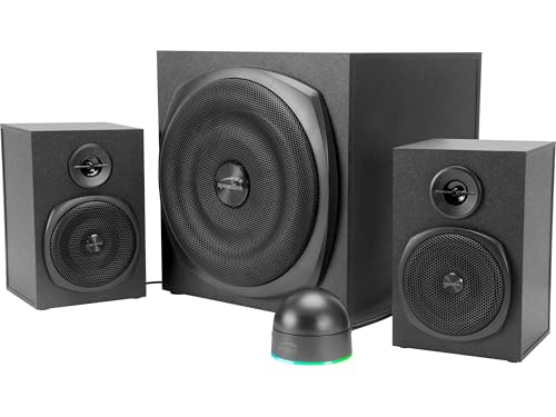 Speedlink Gravity LT PC Lautsprecher 2.1 Soundsystem Bluetooth - mit Subwoofer aus Holz, Aktiv Lautsprechersystem 80 Watt, 3,5mm Klinke AUX, RGB-Tischfernbedienung, schwarz