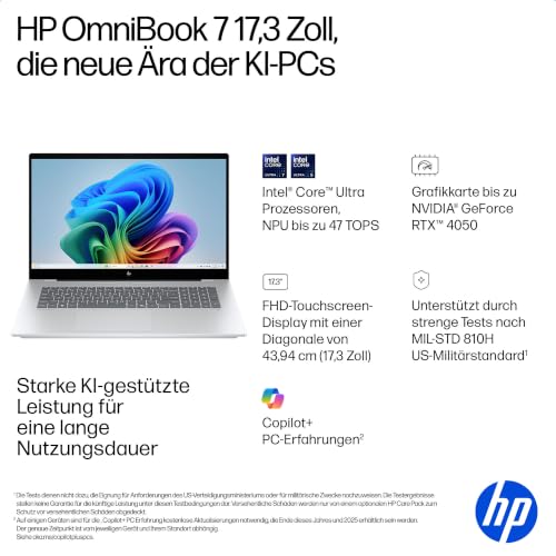HP OmniBook 7, 17,3" FHD Touch, Intel Core Ultra 7, 16GB RAM, 1TB SSD | Copilot+ Laptop für Business, Kreativarbeit & Multitasking auf großem Display - inkl. Netzteil und Ladekabel, QWERTZ, Silber