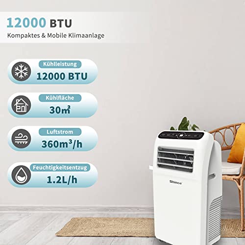 SHINCO Mobile Klimaanlage mit Abluftschlauch, 12000BTU, 3,5kw, Kühlen&Ventilieren&Entfeuchten, Mobiles Klimagerät mit Fenstermontage-Kit, 24-Stunden-Timer, für Räume von etwa 90m³, Weiß
