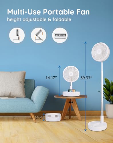 Primevolve 8" Ventilator Faltbarer mit Fernbedienung, 7200mAh Akku USB Standventilator Fan Tragbarer für Outdoor Reise Camping, Tischventilator Leise für Schlafzimmer Büro- Weiß