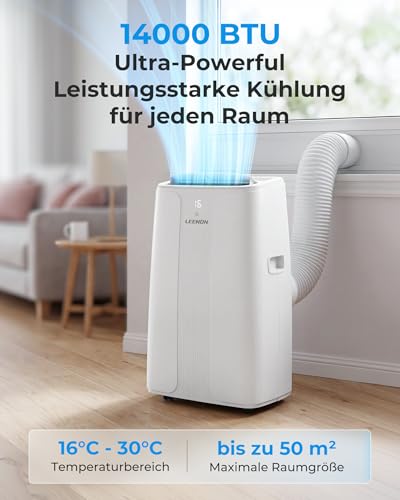 Klimaanlage Mobil Klimagerät 14000 BTU, LEENON 4 in 1 Kühlen Entfeuchten Lüftermodus Schlafmodus, Mobile Klima mit Abluftschlauch, Fernbedienung/24h Timer, Auto-Swing Air Conditioner, Für bis 50m²