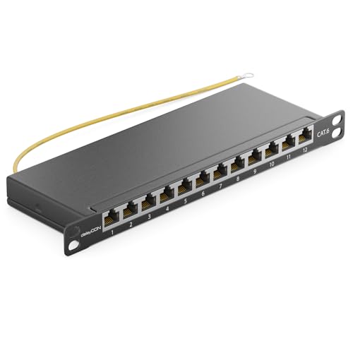 deleyCON CAT 6 0,5 HE Patchpanel Mini Verteilerfeld 12 Port - Desktop 10" Zoll Rackeinbau Servermontage RJ45 geschirmt TIA568A TIA568B RAL 9005 Schwarz