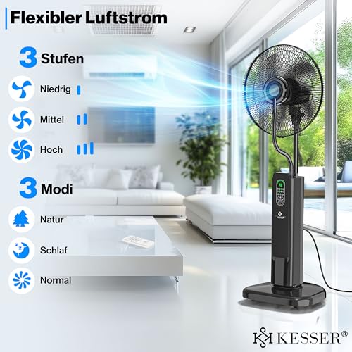 KESSER® Stand-Ventilator Frosty mit Wasser Ultraschall-Sprühnebel Wasserkühlung, inkl. Fernbedienung Timer-Funktion, Luftbefeuchter Leise, Nebelfunktion, Standventilator, Schwarz