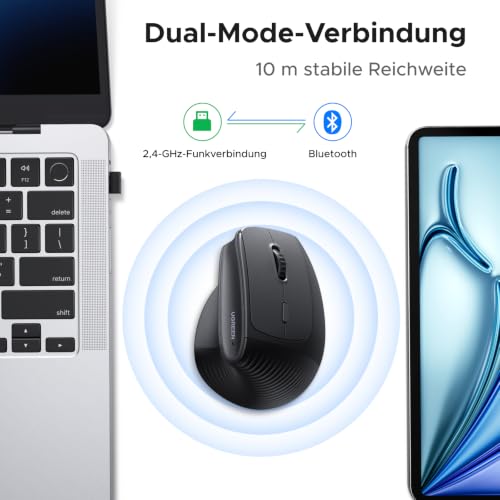 UGREEN Vertikale Ergonomische Maus Bluetooth & 2.4G Maus kabellos | Leise Wireless Mouse Bluetooth Maus für Windows/MacOS , 1000/1600/2000/4000 DPI, 6 Tasten
