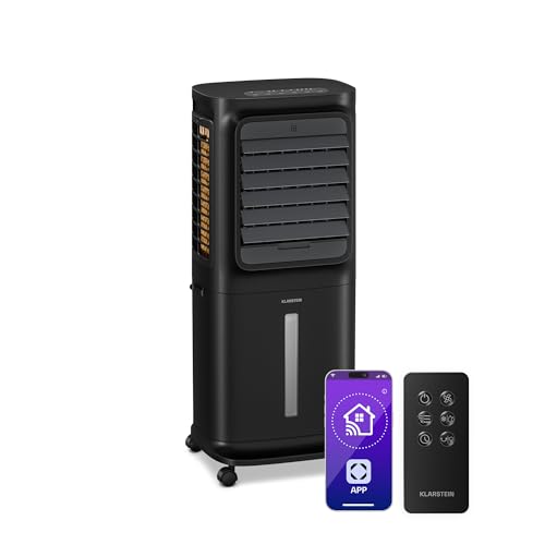 Klarstein Verdunstungskühler, 10L Wassertank, 340 m³/h, App & Fernbedienung, Timer, Nachtmodus, mobiler Luftkühler mit Wasserkühlung für Räume bis 30 m², Schwarz