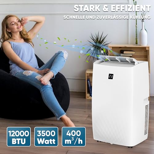 Klimaanlage Mobil 12000 BTU/h (3.500 Watt) - Mobiles Klimagerät 4in1 mit WiFi/App Monoblock Kältemittel - Fernbedienung, 24h-Timer, Luftentfeuchter, Nachtmodus (12000 BTU)