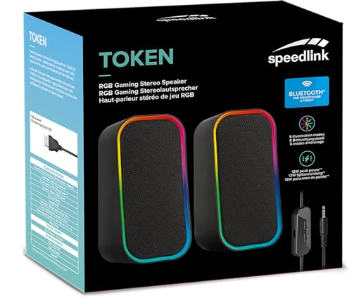 Speedlink Token Gaming PC Lautsprecher Bluetooth - RGB Gaming Lautsprecher, 3,5mm AUX Klinke oder Bluetooth Verbindung, 6 Beleuchtungsmodi, 12W, schwarz