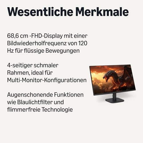 Amazon Basics 27 Zoll Computer Monitor, 120Hz, FHD 1080P Bildschirm für Büro und Zuhause, Adaptive Sync, HDMI, DP, VGA, VESA-kompatibel, Schwarz