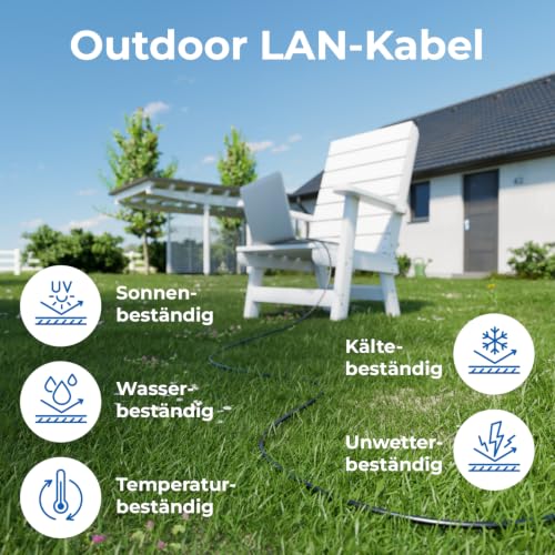 deleyCON 5m CAT7 Outdoor Netzwerkkabel 10 Gbit/s 600 MHz S/FTP Kupfer | RJ45 Stecker Ethernet LAN DSL Patchkabel, witterungsbeständig, für Außenbereich, PC, TV, Kamera, PoE und Camping