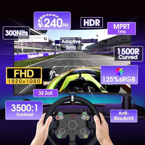 Amzfast Gaming Monitor 32 Zoll Curved – 240Hz, FHD 1920x1080, 1 ms MPRT, 1500R, Adaptive Sync, HDR, sRGB 125%, VESA 100x100, HDMI 2.0 & DP 1.4 (AMZG32C1F)