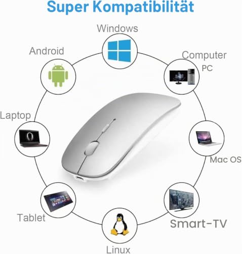 AE WISH ANEWISH 2.4G Kabellos Bluetooth Maus USB-C & USB-A fur Mac/iPad/iPhone/PC/Computer, wiederaufladbar geräuschlos Mini Mouse für Windows/Linux/Android, 3 DPI Einstellbares Bluetooth 5.0