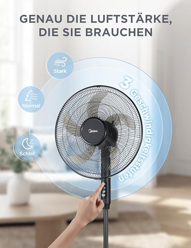 Midea FS40-25JA Standventilator, 5-Fluegel, 40W, Hoeheverstellbar | 108-122cm, Tastensteuerung, Leiser Betrieb, Energiesparend, Schwarz