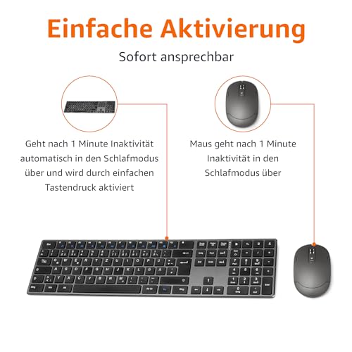 Amazon Basics Tastatur und Maus, kabellos, aufladbar, ultradünn, leiser Anschlag, mit Nummernblock, (dt. Layout nicht garantiert), schwarz