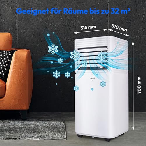 MEDION Smarte Mobile Klimaanlage mit Abluftschlauch P901 (9000 BTU, mobil, inkl. Fensterabdichtung, bis 32m², 3in1,Kühlen Entfeuchten Ventilieren, App- und Sprachsteuerung, Schlafmodus, MD 37732)
