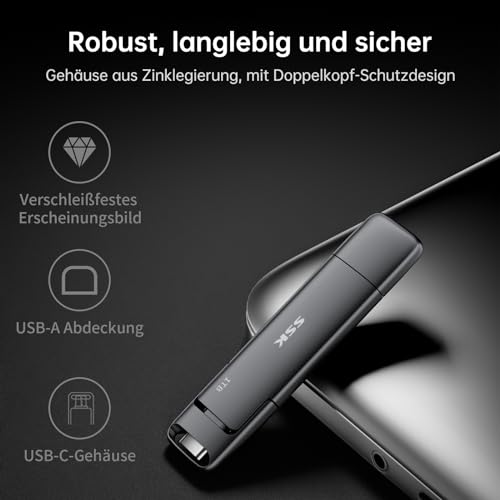 SSK USB C Externe SSD 1TB, bis zu 550 MB/s, schneller Dual USB-C/A Stick | USB 3.2 Gen 2 Solid State Drive mit Dual USB-C/A als Speicherstick für Android-Telefon, Laptop, Tablet, Mac und PC unterwegs