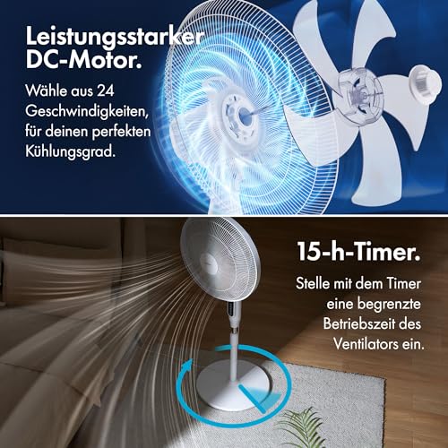 VonHaus 42 cm Standventilator – Ventilator Leise mit Ferbedienung, 24 Geschwindigkeiten, 3 Modi, 15-h-Timer, 80°-Schwenkfunktion, Einstellbare Höhe, LED, 5 Blätter – für Zuhause oder Büro