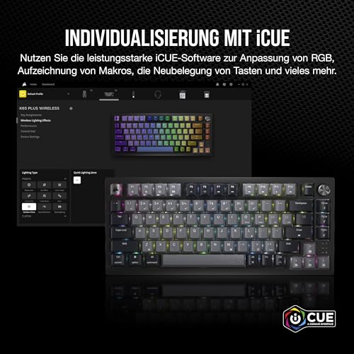 Corsair K65 Plus Wireless 75% RGB Mechanische Gaming-Tastatur - Schwarz | QWERTZ DE, Hot-Swap-Fähige, Vorgeschmierte MLX Red Lineare Schalter, Zweischichtige Schalldämpfung, PBT Tastenkappen