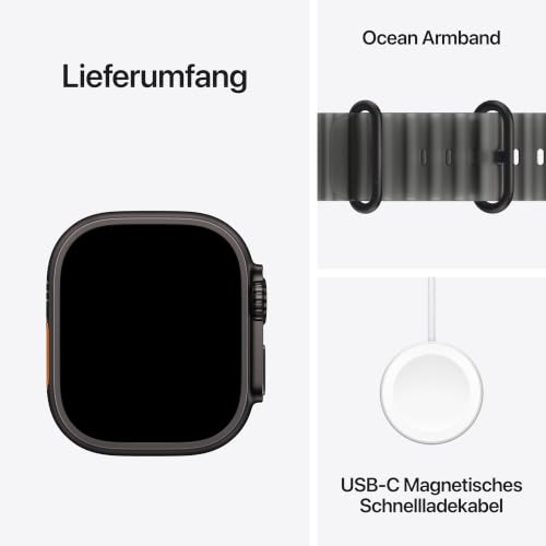 Apple Watch Ultra 4 GPS + Cellular, 49 mm Titangehäuse Schwarz | Smartwatch, Ocean Armband Halbtransparentes Schwarz, Fortschrittliches Gesundheits- und Fitnesstracking