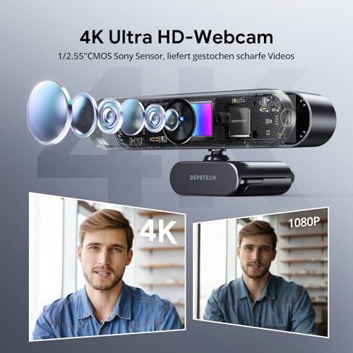 DEPSTECH DW50 Pro Webcam 4K, Ultra HD mit Mikrofon, 3-facher Zoom, 1/2.55 Sony Sensor, Duale Mics mit Geräuschunterdrückung, Fernbedienung, Autofokus Streaming Kamera für PC Laptop Mac, Teams