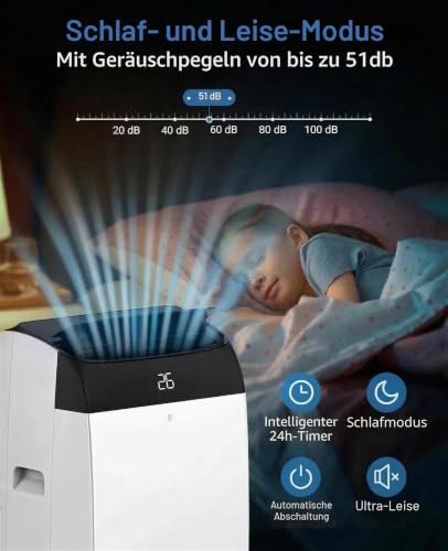Mobile Klimaanlage 12000 BTU, 2,6 kW, 4 Modi, Kühlfunktion, Luftentfeuchter (45 l/Tag), Ventilator mit 3 Geschwindigkeiten, Nachtmodus, mit 24-Stunden-Timer, Panta
