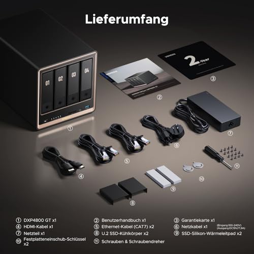 UGREEN NASync DXP4800 GT 4 Bay NAS für Creator und Büroteams (ohne HDD) | AMD Ryzen R2514, Dual 10GbE, 8GB DDR4 bis 64GB, 4K HDMI, 2 × M.2 NVMe-Steckplätze, ECC-Support, U.2 & M.2 Slots