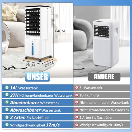 Klimaanlage Mobil, 14L 60W Klimaanlage ohne Abluftschlauch mit 12H Timer, 3 Modus, 40dB, 120°Oszillation, Abnehmbare Wassertank, Fernbedienung, Leise Klimagerät Air Conditioner für Wohnung Zimmer