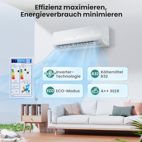COSTWAY 9000BTU Split Klimaanlage, Klimageräte mit Heizfunktion 2,6kW, Air Conditioner Wandhalterung inkl. Kupferleitung, Kältemittel R32, sehr leise für Räume bis zu 42m³