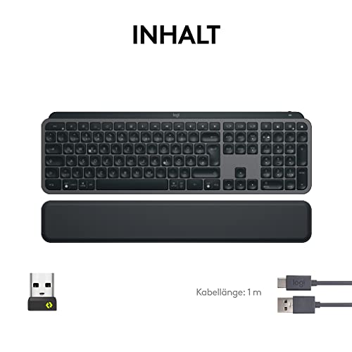 Logitech MX Keys S PLUS kabellose Tastatur uns Palm Rest Low Profile | Fluid Quiet Typing, Programmable, Backlighting, Bluetooth, USB C, Windows PC, Linux, Chrome, Mac, Deutsches QWERTZ - Grau