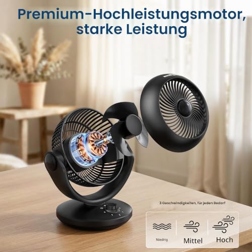 Deeylious Ventilator Leise, 22dB Tischventilator sehr Leise, Fan mit 3 Geschwindigkeiten 100°+70° Verstellbare Neigung für 20m² Räume, Kraftvoll 3D Turbo Ventilatoren für Büro, Schlafzimmer, Schwarz