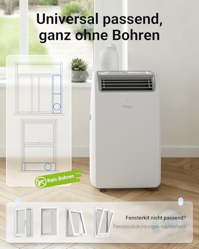KresicoKlima Mobile Klimaanlage 12000 BTU, Klimaanlage mobil mit Abluftschlauch, Mobiles Klimagerät mit Abluftschlauch für Räume bis zu 43m²/120m³, Klimagerät mit Timer, R290, weiß