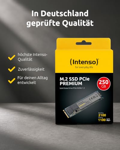 Intenso 250GB M.2 SSD PCIe Premium, bis zu 2100 MB/s, (PCI Express Gen.3x4 NVMe 1.3, Solid State Drive)