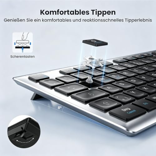 TECKNET Tastatur Maus Set Kabellos, 2.4G Wiederaufladbare Maus und Tastatur