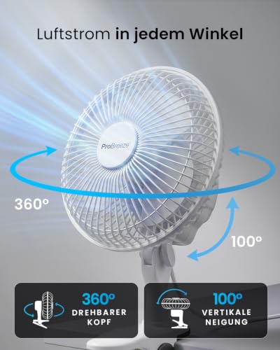 Pro Breeze Mini Ventilator mit Clip, 20 cm Durchmesser, 2 Geschwindigkeitsstufen, stabiler Clip - Ventilator leise, ideal als Tischventilator am Schreibtisch, für Growbox, Zuhause im Schlafzimmer