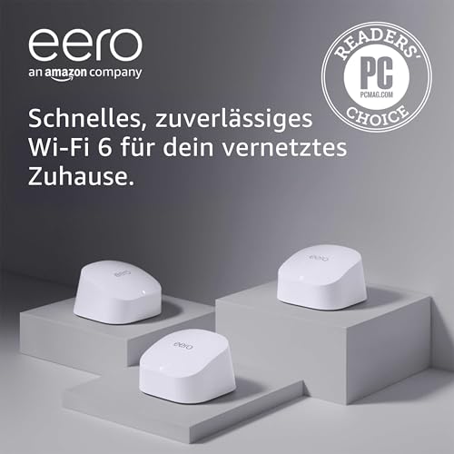 Amazon eero 6 Mesh-WLAN-Router | 500-Mbit/s-Ethernet | Bis zu 420 m² Abdeckung | Für Verbindungen mit über 75 Geräten | Dreierpack