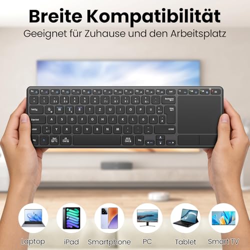 Bnnwa Wiederaufladbare Kabellose Bluetooth Tastatur mit Touchpad,DE QWERTZ | Bluetooth & 2.4GHz Dual,Multi-Device Tastatur mit Touch Trackpad für Smart TV/PC/Laptop/Tablet,iOS/Android/Windows